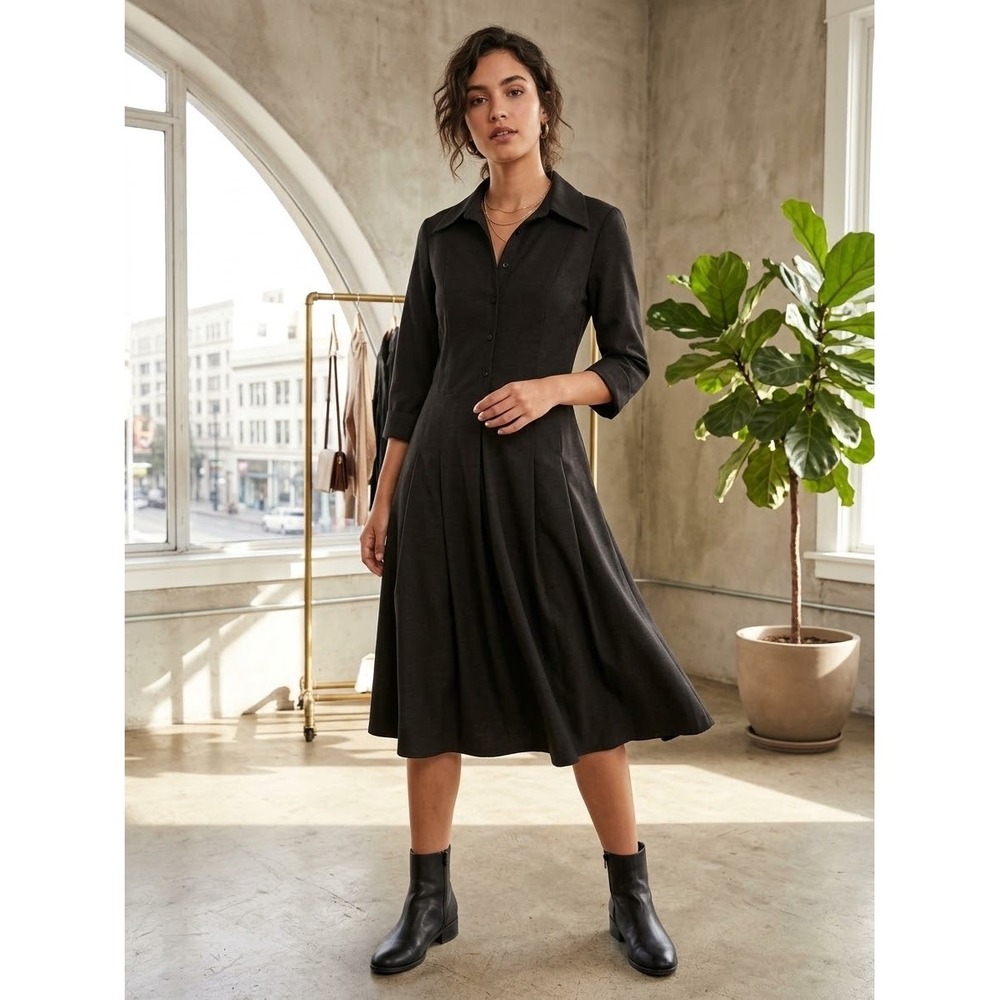 Supply & Demand Black Midi Shirt Dress Size 6 Pleated Fit Flare 3/4 Sleeve